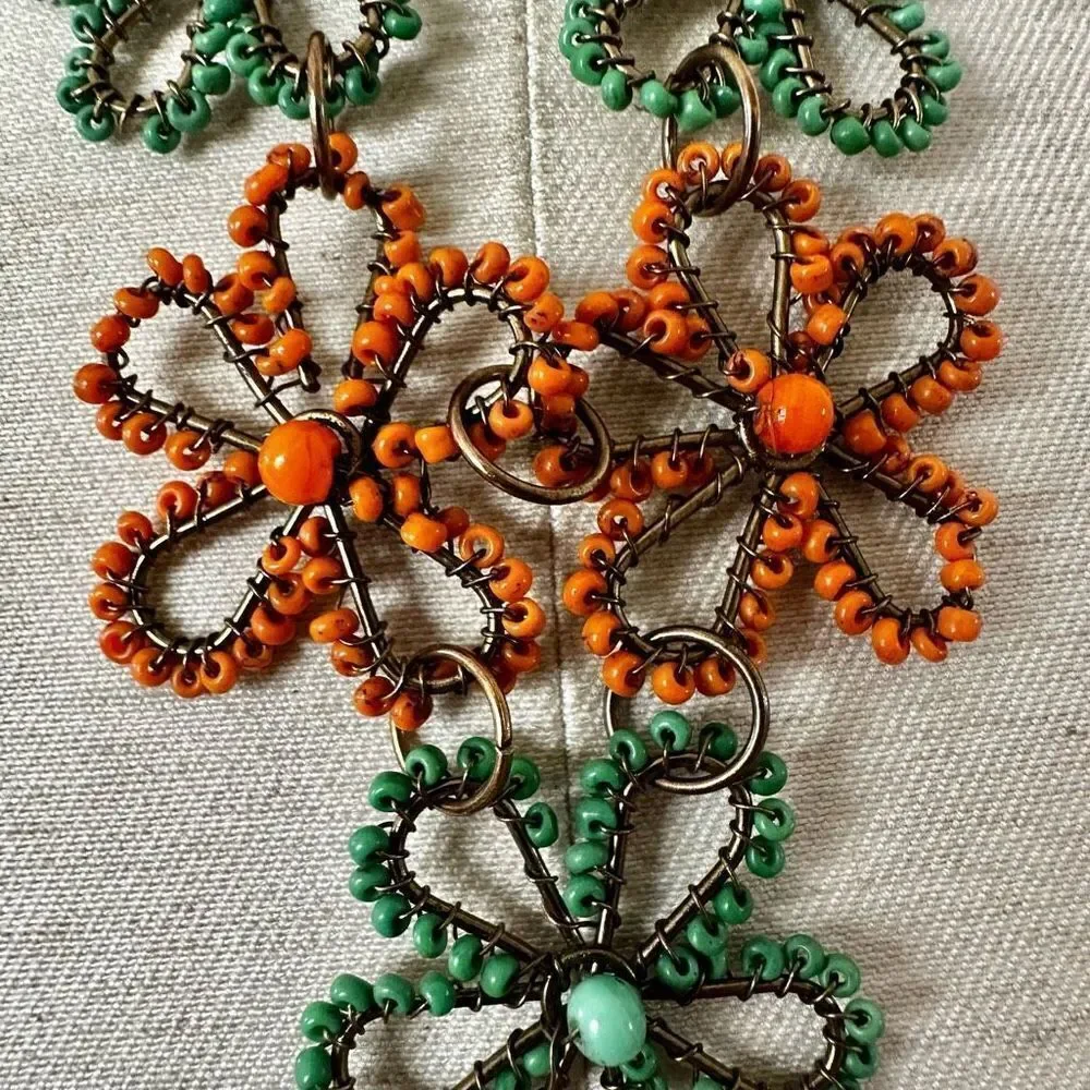 Green and orange flower beaded necklace